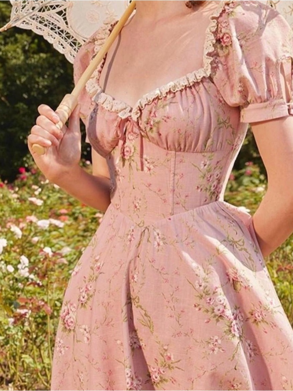 NWT Lacemade Vintage-Inspired Pink Floral Midi Dress with Ruffle Details size M - Picture 3 of 11
